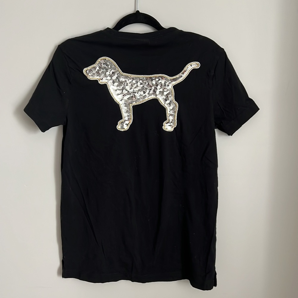 Victoria Secret Pink - Black Pocket Tee with Sequin Dog - XS